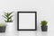 Black square frame mockup with a various types of succulent plants on a white table