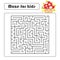 Black square maze with entrance and exit. With a cute cartoon mushroom. Simple flat vector illustration isolated on white backgrou
