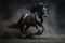 Black stallion galloping on dark dust background