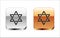 Black Star of David icon isolated on white background. Jewish religion symbol. Symbol of Israel. Silver-gold square