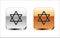 Black Star of David icon isolated on white background. Jewish religion symbol. Symbol of Israel. Silver-gold square