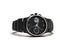 Black steel wrist watch with metal bracelet, close-up