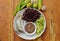 Black sticky rice eat with steam mackerel and shrimp paste sauce