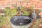 Black stone wash basin and vintage green mirrors. Retro orange brick background. Nature Bathroom decorated design.