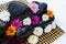 Black stones with chrysanthemum buds, decor for relaxation