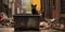 Black street cat sitting on dumpster in an alley, concept of Urban wildlife, created with Generative AI technology