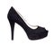 Black suede court shoe with platform sole, isolated on white. Woman`s footwear with ridiculously high heel.