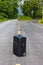 Black suitcase on a country forest road