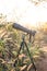 Black super telephoto lens and digital camera body on tripod in wild grass flower field