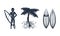 Black Surfing Silhouette with Palm Tree and Man with Surfboard Vector Set