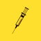 Black Syringe icon isolated on yellow background. Syringe sign for vaccine, vaccination, injection, flu shot. Medical