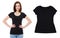 Black t shirt female isolated, empty t-shirt close up, t shirt set