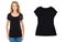 Black T-shirt mock up close up, Young beautiful asian korean caucasian female with blank black shirt, front and back. Ready for