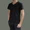 Black t shirt on a young man template on grey background.