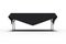 Black tapered table cloth draped over a folding trestle table. Front View,