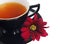 Black tea cup and red flower