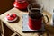 Black tea in a glass in a red glass holder