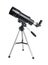 Black telescope on an aluminum tripod isolated on white background