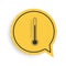 Black Thermometer icon isolated on white background. Yellow speech bubble symbol. Vector