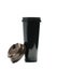 Black thermos bottle with open lid on white background