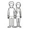 Black thick contour caricature faceless full body couple woman with ponytail side hair and man in casual clothing