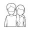 Black thick contour caricature faceless half body couple woman with ponytail side hair and bearded man