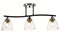 Black three-lamp ceiling lamp with chrome base and bell-shaped transparent glass shades