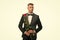 Black tie dress code for evening events. tuxedo man with rose flower. happy valentines day. special occasion. male