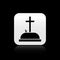 Black Tombstone with cross icon isolated on black background. Grave icon. Silver square button. Vector Illustration