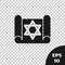 Black Torah scroll icon isolated on transparent background. Jewish Torah in expanded form. Star of David symbol. Old