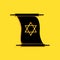 Black Torah scroll icon isolated on yellow background. Jewish Torah in expanded form. Torah Book. Star of David symbol