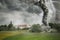 Black tornado funnel and lightning over field