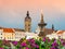 Black Tower and Samson\'s Fountain in Ceske Budejovice