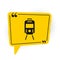 Black Tram and railway icon isolated on white background. Public transportation symbol. Yellow speech bubble symbol