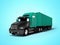 Black truck with green trailer for long trips abroad 3d render on blue background with shadow