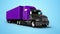 Black truck with purple trailer for long trips with goods abroad 3d render on blue background with shadow