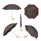 Black umbrella mockup set, vector illustration isolated on white background. Realistic folded and opened parasols.