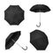 Black umbrella. Realistic blank parasols various positions open and top and front view for mockup, branding or