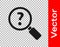 Black Unknown search icon isolated on transparent background. Magnifying glass and question mark. Vector