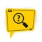 Black Unknown search icon isolated on white background. Magnifying glass and question mark. Yellow speech bubble symbol