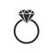 Black vector diamond ring isolated on white background.  Wedding or engagement illustration, diamond ring symbol