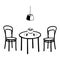 Black Vector outline illustration of a dining room with a table and kettle cups and a pair of chairs and a electric lamp