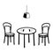 Black Vector outline illustration of a room with a table and cups and a pair of chairs and a electric lamp on a white