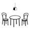 Black Vector outline illustration of a room with a table and a pair of chairs and a electric lamp on a white wall