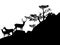 Black vector silhouette of deer stag and herd on pine tree cliff