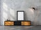 Black vertical Frame Mockup standing on the console with modern floor lamp