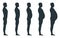 Black view side body silhouette, fat extra weight male anatomy human character, people dummy isolated on white, flat vector