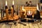 Black and vintage candles with key and vintage clock on old table planks