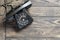 Black vintage telephone on table above with copy space