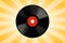 Black Vinyl Record with Red Blank Label on a Yellow Abstract Sunburst Radial Rays Summer Background Textute. 3d Rendering